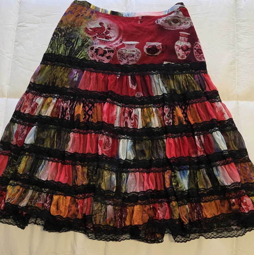 Simon Chang Floral With Lace Tiered A-Line Skirt - Picture 8 of 8